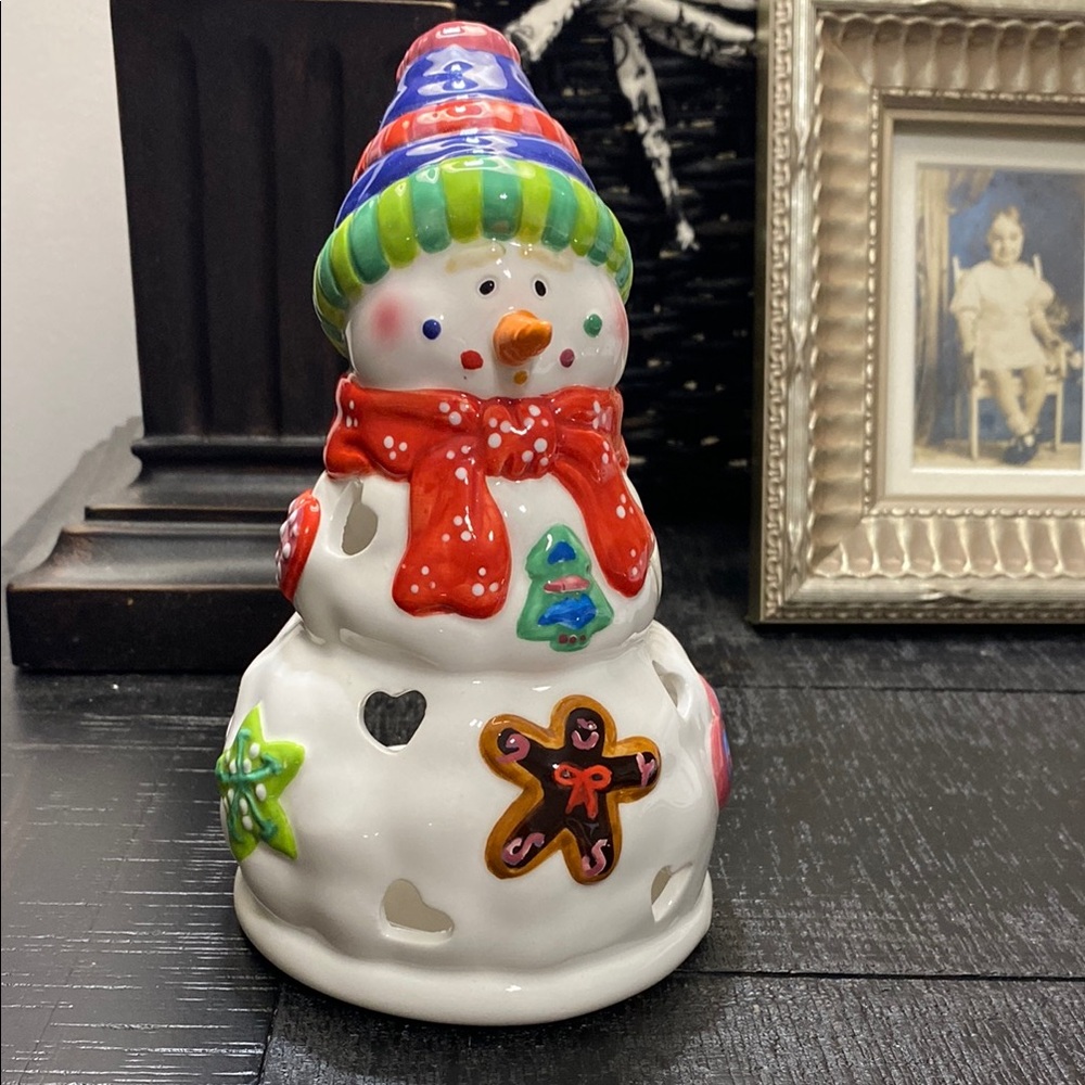 2005 Vintage Home Interiors Ceramic Snowman Candle Holder Luminary!